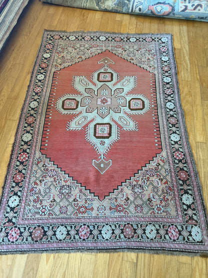 Antique Russian Garabagh Rug, 4'2" x 6'5", in charcoal, grey, pink and salmon