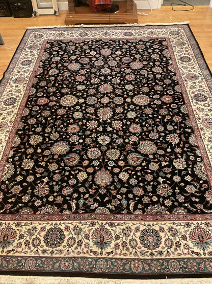 Vintage Sino Kashan Rug, 9' x 11'10", in black, green, ivory and pink
