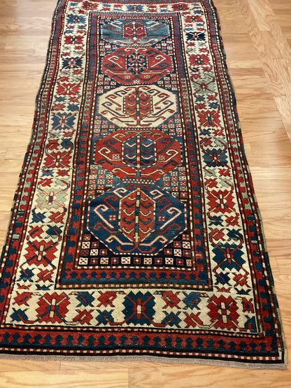 Antique Russian Kazak Rug, 3'7" x 7'10", in blue, ivory, navy and red