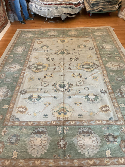 Turkish Oushak Rug, 9' x 12'2", in brown, green, grey and ivory