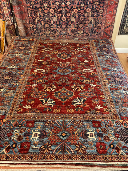 Afghan Zigler Rug, 9'1" x 11'7", in blue, ivory and red