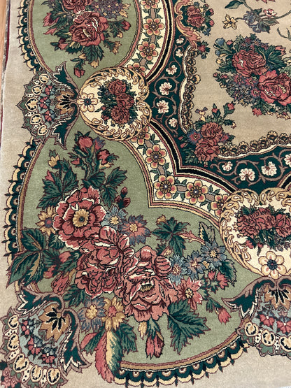 Pakistani Lavar Rug, 9' x 12'1", in green, ivory, khaki and rose - photo 4