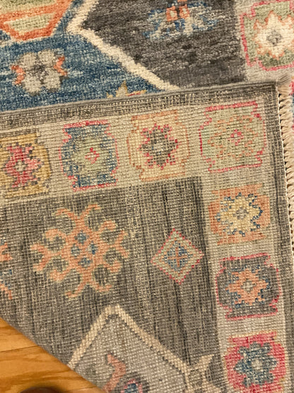 Afghan Oushak Runner, 2'5" x 9'7", in blue, charcoal, ivory and salmon - photo 4