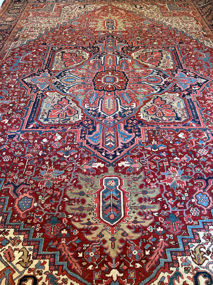 Antique Persian Heriz Rug, 12'2" x 16'8", in blue, ivory, navy and red