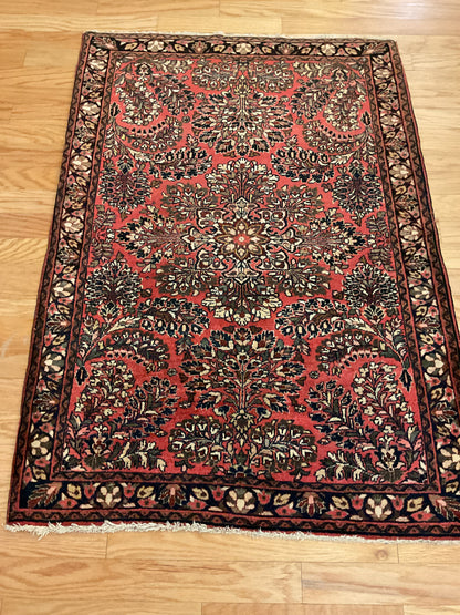Antique Persian Sarouk Rug, 3'5" x 4'9", in brick, ivory and navy