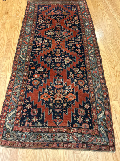 Antique Russian Karabagh Runner, 4'2" x 8'9", in ivory, navy, rust and teal