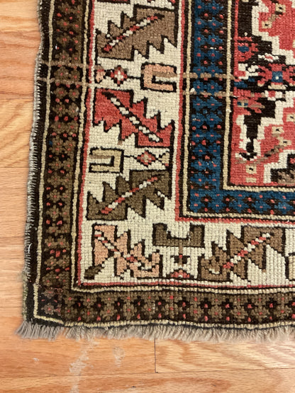 Antique Russian Kazak Rug, 3'5" x 5', in brown, ivory, navy and salmon - photo 2