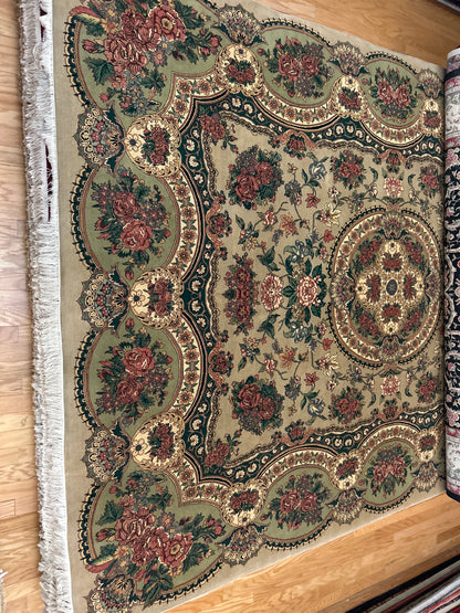 Pakistani Lavar Rug, 9' x 12'1", in green, ivory, khaki and rose