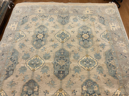 Afghan Peshawar Rug, 8'4" x 9'10", in baby blue, beige, ivory and slate