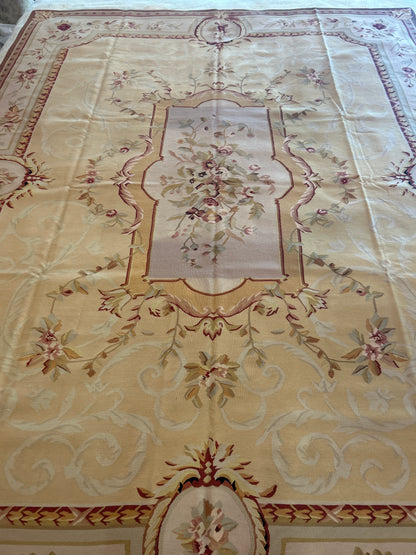 Sino Aubusson Tapestry, 8'11" x 11'6", in gold, green, ivory and pink