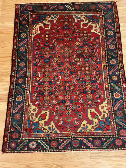 Antique Persian Hamadan Rug, 3'5" x 4'10", in gold, navy, red and teal