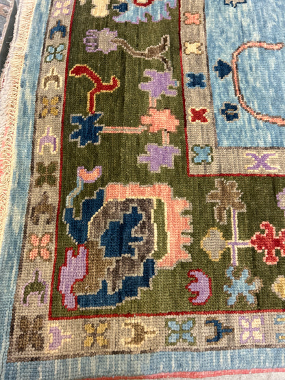 Indian Oushak Rug, 7'10" x 9'11", in baby blue, olive, pink and red - photo 2