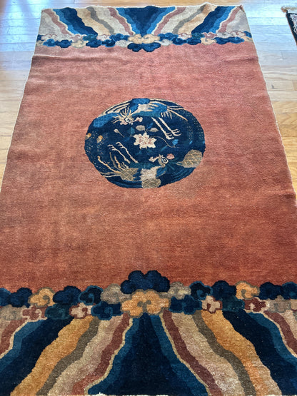 Antique Sino Chinese Peking Rug, 4'2" x 6'8", in blue, cream, navy and peach - photo 2