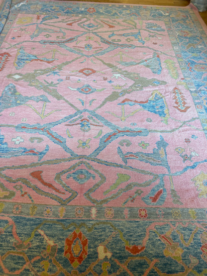 Turkish Oushak Rug, 12'8" x 14'7", in blue, green, pink and yellow