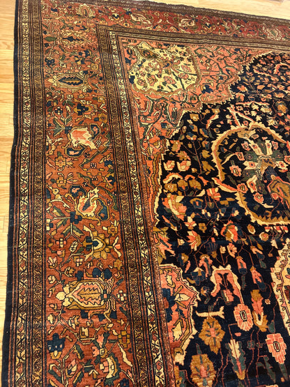 Antique Persian Sarouk Farahan Rug, 13'11" x 22'6", in gold, navy, rust and salmon - photo 6