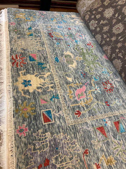 Indian Oushak Rug, 8' x 10', in grey, ivory, red and slate