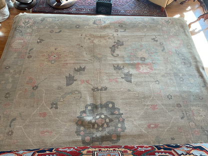 Afghan Oushak Rug, 10'4" x 14', in charcoal, grey, pink and sea moss