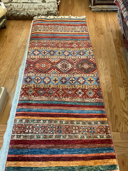 Afghan Turkman Runner, 2'5" x 6'4", in blue, gold, red and teal