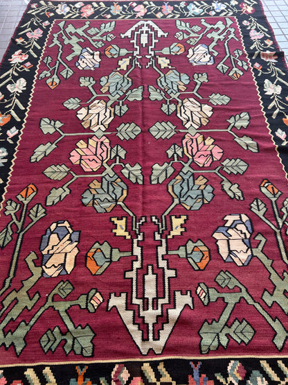 Vintage Turkish Bessarabian Kilim, 7'4" x 11', in black, mint, pink and raspberry - photo 2