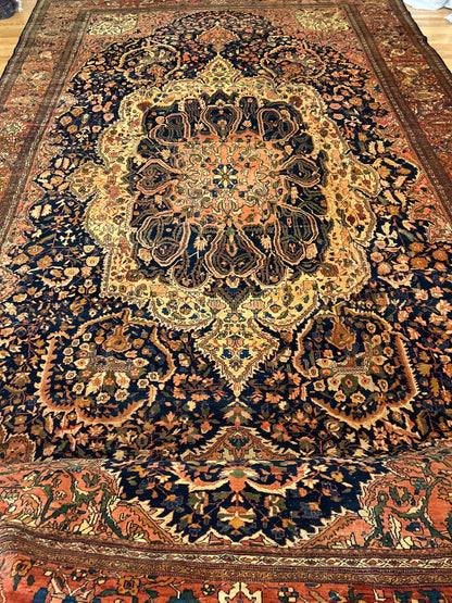 Antique Persian Sarouk Farahan Rug, 13'11" x 22'6", in gold, navy, rust and salmon