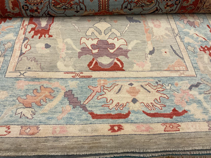 Afghan Oushak Rug, 8' x 10'1", in baby blue, grey, peach and red - photo 3
