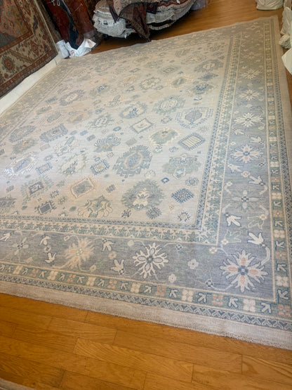 Afghan Oushak Rug, 12'2" x 14'6", in beige, green and grey - photo 4