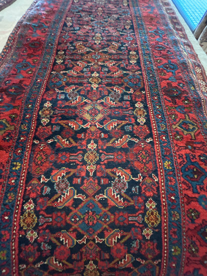 Antique Persian Malayer Runner, 3'1" x 16'6", in blue, gold, navy and red
