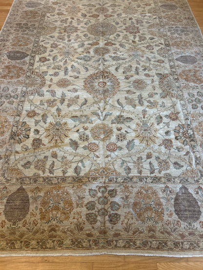 Pakistani Tabriz Rug, 8' x 15'6", in beige, brown, gold and grey