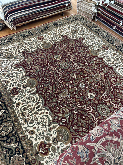 Indian Agra Jaipur Rug, 8'9" x 12'1", in black, burgundy and ivory
