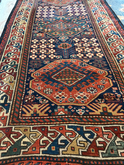 Antique Russian Kazak Runner, 3'9" x 10'10", in gold, green, ivory and navy