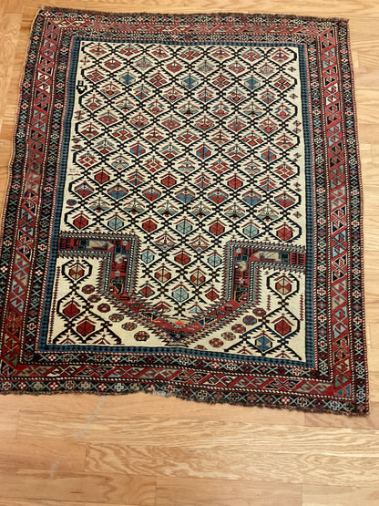 Antique Russian Caucasian Rug, 3'10" x 4'5", in blue, ivory, navy and red