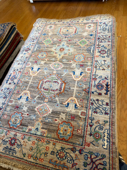Afghan Karajh Rug, 3' x 4'10", in baby blue, blue, green and grey - photo 3