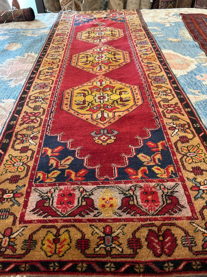 Vintage Turkish Anatolian Runner, 3'5" x 9'8", in gold, navy, red and yellow