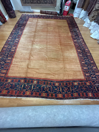 Antique Persian Zigler Mohal Rug, 12'2" x 16'8", in camel, navy and red