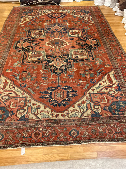 Antique Persian Serapi Rug, 11'9" x 17', in ivory, navy, rust and teal