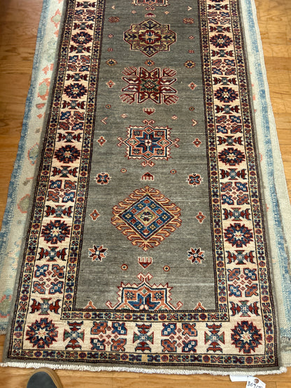 Afghan Kazak Runner, 2'9" x 15'5", in burgundy, grey, ivory and navy