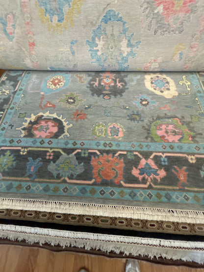 Indian Oushak Rug, 8'2" x 9'11", in charcoal, grey, pink and teal