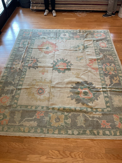 Turkish Oushak Rug, 8'8" x 10'4", in beige, green, grey and salmon