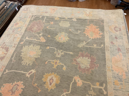 Turkish Oushak Rug, 8' x 9'8", in beige, gold, grey and peach