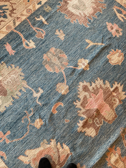 Afghan Oushak Rug, 10' x 14', in beige, blue, brown and peach - photo 3