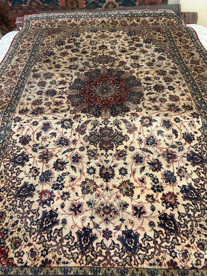 Antique Persian Esfahan Rug, 6'10" x 10'7", in blue, burgundy and ivory