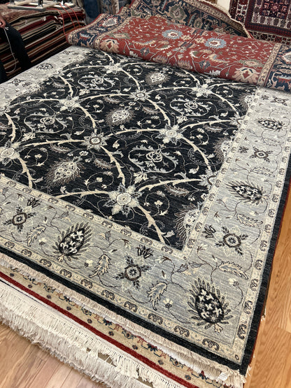 Indian Mohal Rug, 9'1" x 12'2", in black, grey and ivory