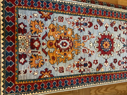 Afghan Baktarie Runner, 2'6" x 8', in baby blue, gold, navy and red - photo 2