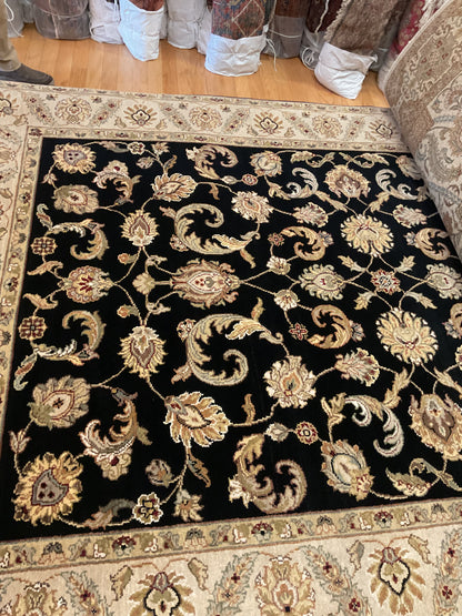 Indian Agra Jaipur Rug, 6'2" x 8'11", in beige, black, gold and ivory