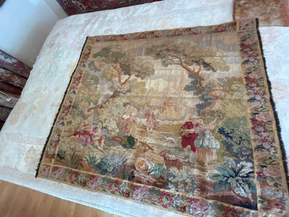 Antique European Belgium Handloom Tapistry Tapestry, 6'10" x 7'10", in beige, blue, gold and green - photo 2