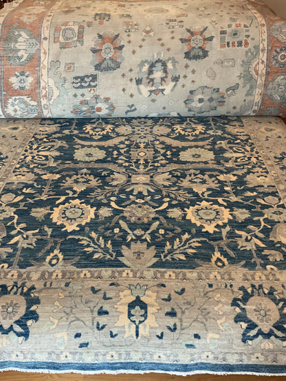 Pakistani Peshawar Rug, 10'2" x 13'5", in beige, grey and navy