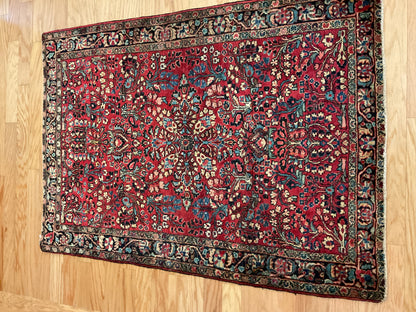 Antique Persian Sarouk Rug, 3'5" x 4'8", in ivory, navy, red and teal