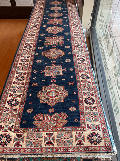 Afghan Kazak Runner, 2'8" x 10', in gold, ivory, navy and red - photo 2