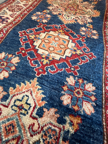 Afghan Kazak Runner, 2'7" x 17'2", in ivory, navy, orange and red - photo 2