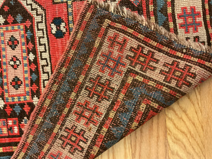 Antique Russian Kazak Rug, 3'8" x 3'9", in black, ivory, salmon and teal - photo 3